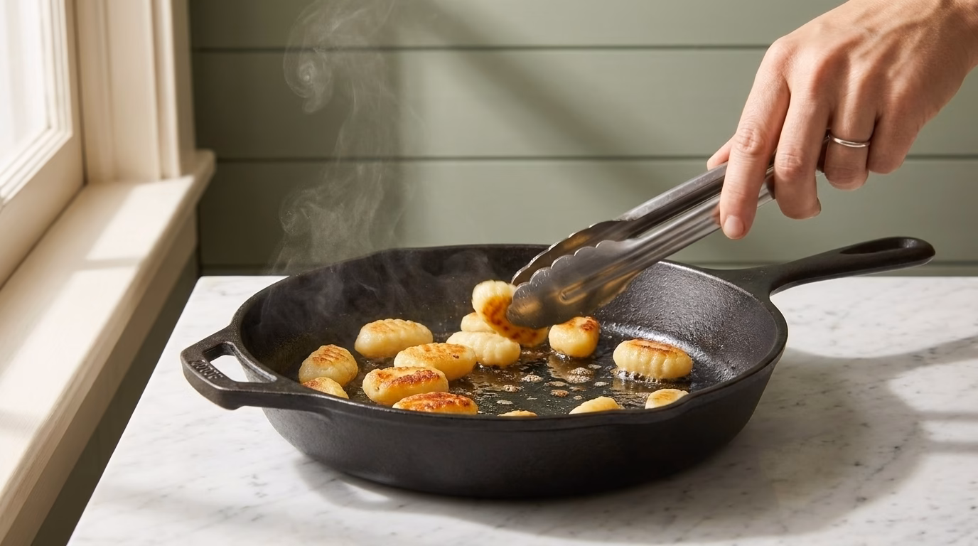 gnocchi pan-searing golden and crispy in a cast iron skillet