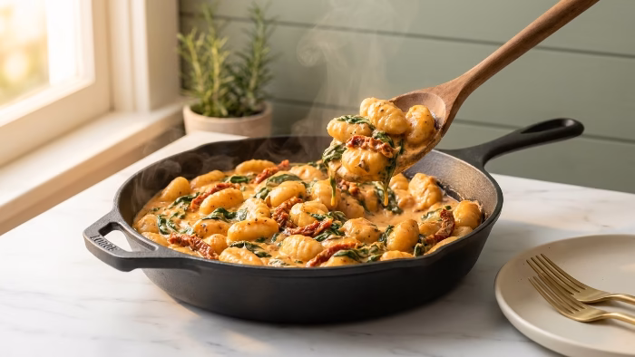 45-degree view of creamy tuscan gnocchi in a cast iron skillet with steam rising