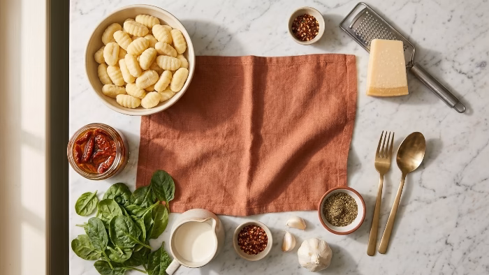 tuscan gnocchi ingredients flat lay with sun-dried tomatoes, spinach, and parmesan on marble