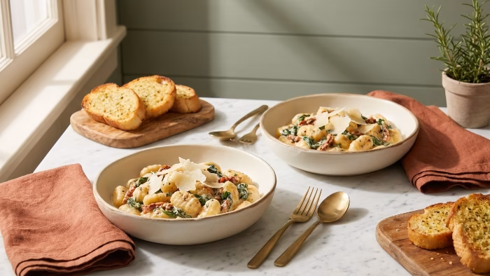 creamy tuscan gnocchi served in bowls with parmesan and garlic bread