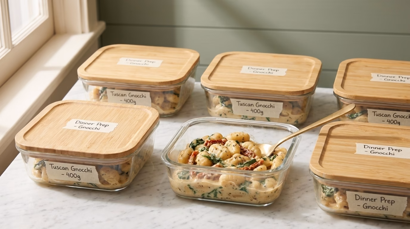 creamy tuscan gnocchi stored in glass containers with bamboo lids
