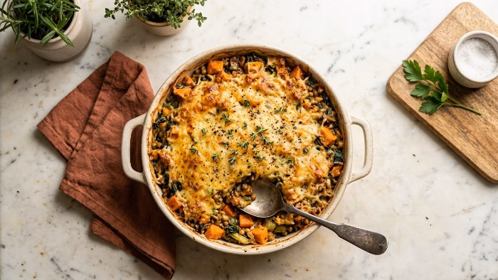 Bubbling vegan casserole fresh from the oven with golden breadcrumb topping