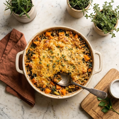 Flat lay of vegan casserole ingredients: vegetables, chickpeas, cashews, nutritional yeast and herbs