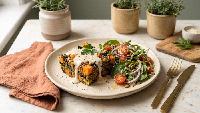Serving of vegan casserole on a plate with green salad