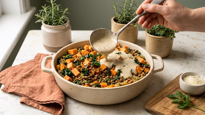 Step by step assembly of vegan casserole layers in a baking dish
