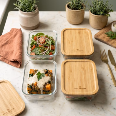 Vegan casserole portions stored in glass meal-prep containers