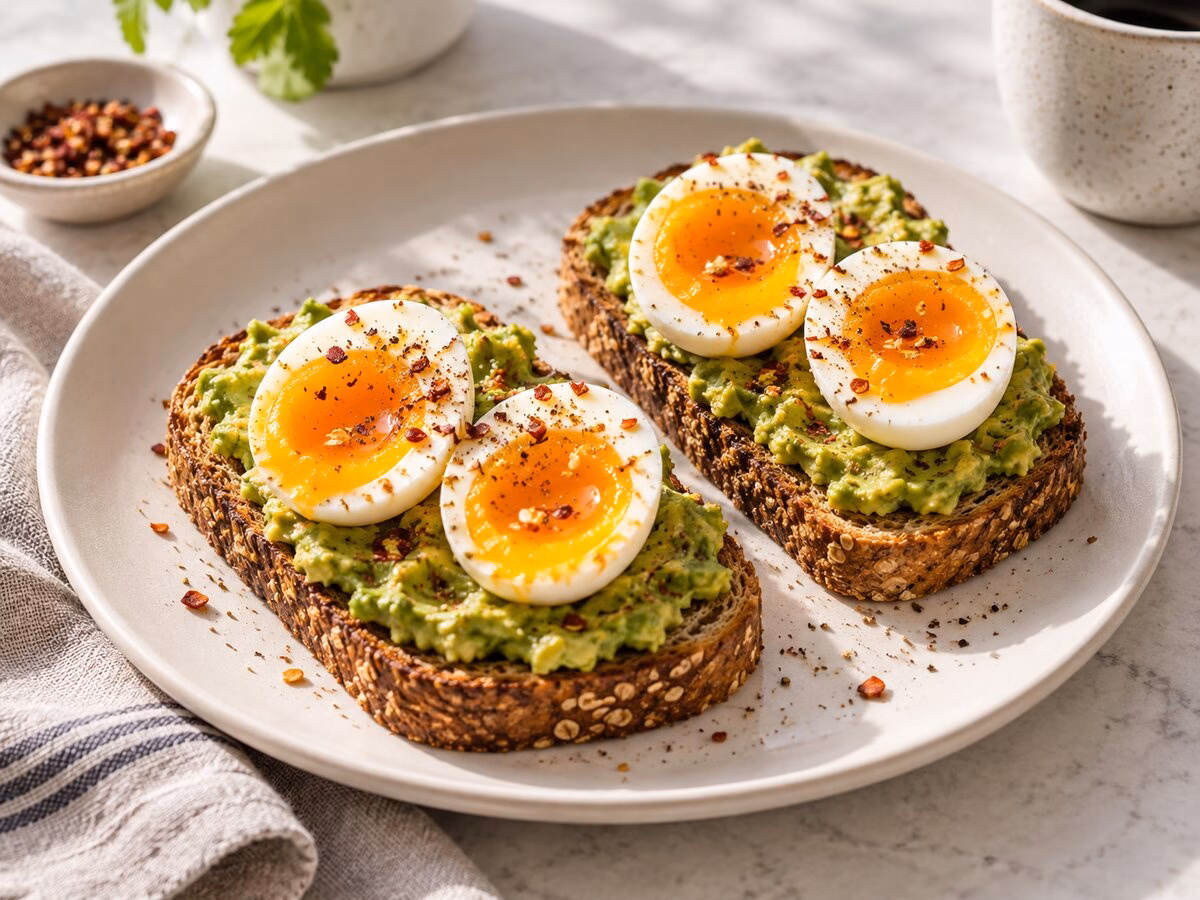 Whole-grain avocado toast topped with soft-boiled eggs and cracked black pepper.