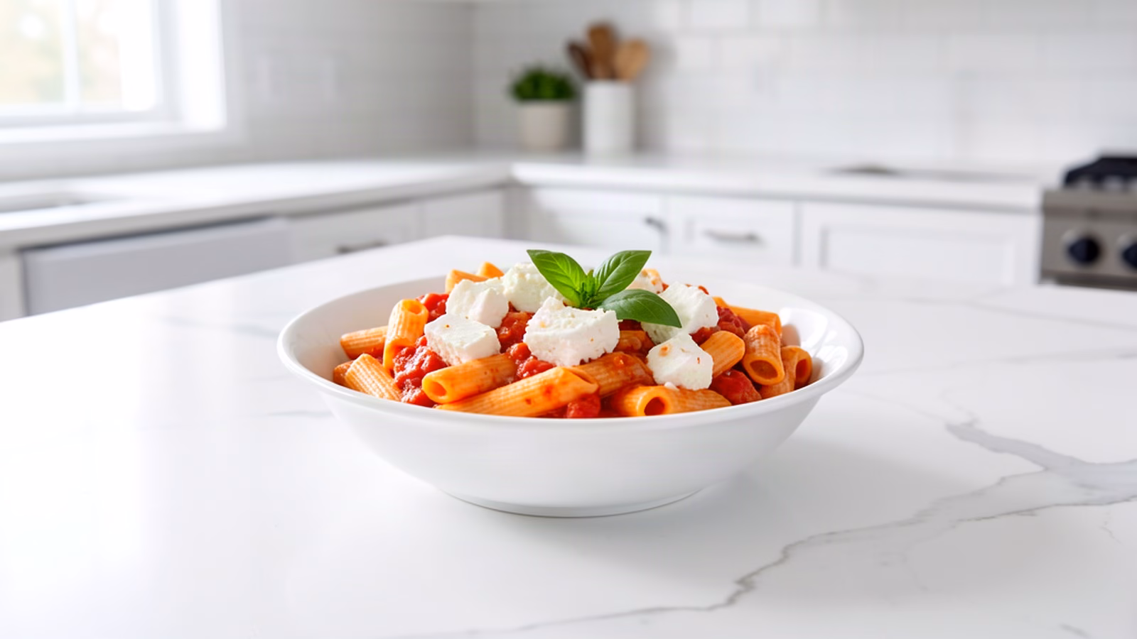 Baked feta pasta with melted feta and roasted tomatoes over penne