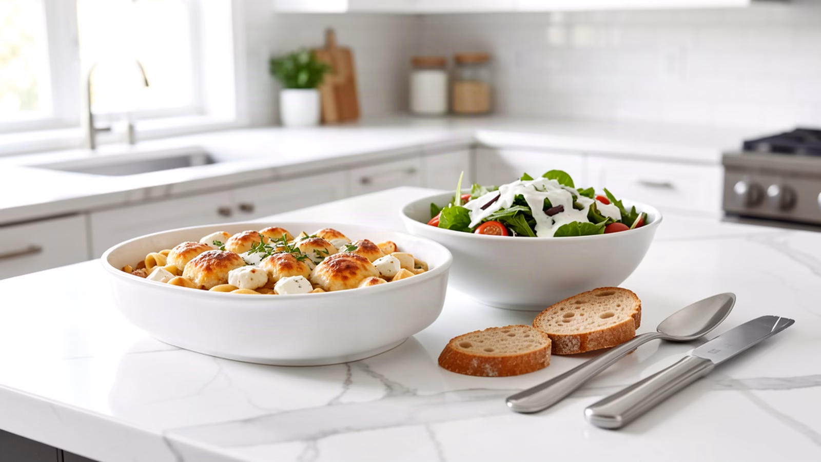 Baked feta pasta served with Greek salad and crusty bread