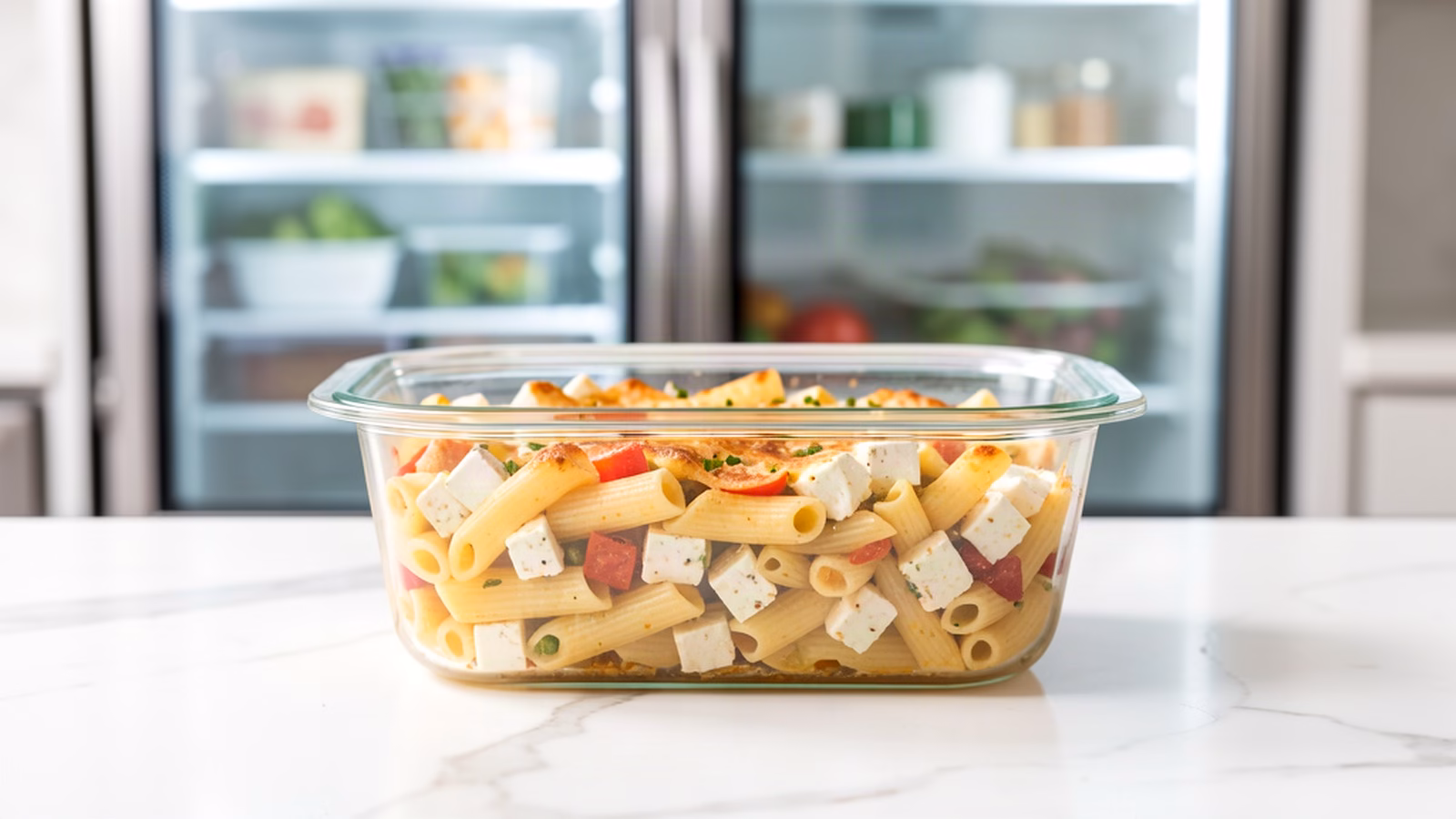 Leftover baked feta pasta in a clear glass airtight container