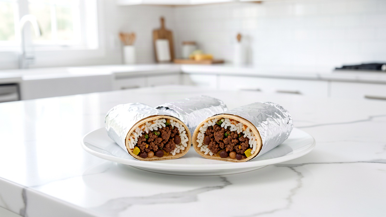 Foil-wrapped beef burritos prepared for freezer storage