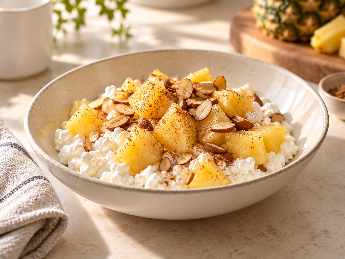 Cottage cheese breakfast bowl with pineapple, almonds, and a sprinkle of cinnamon.