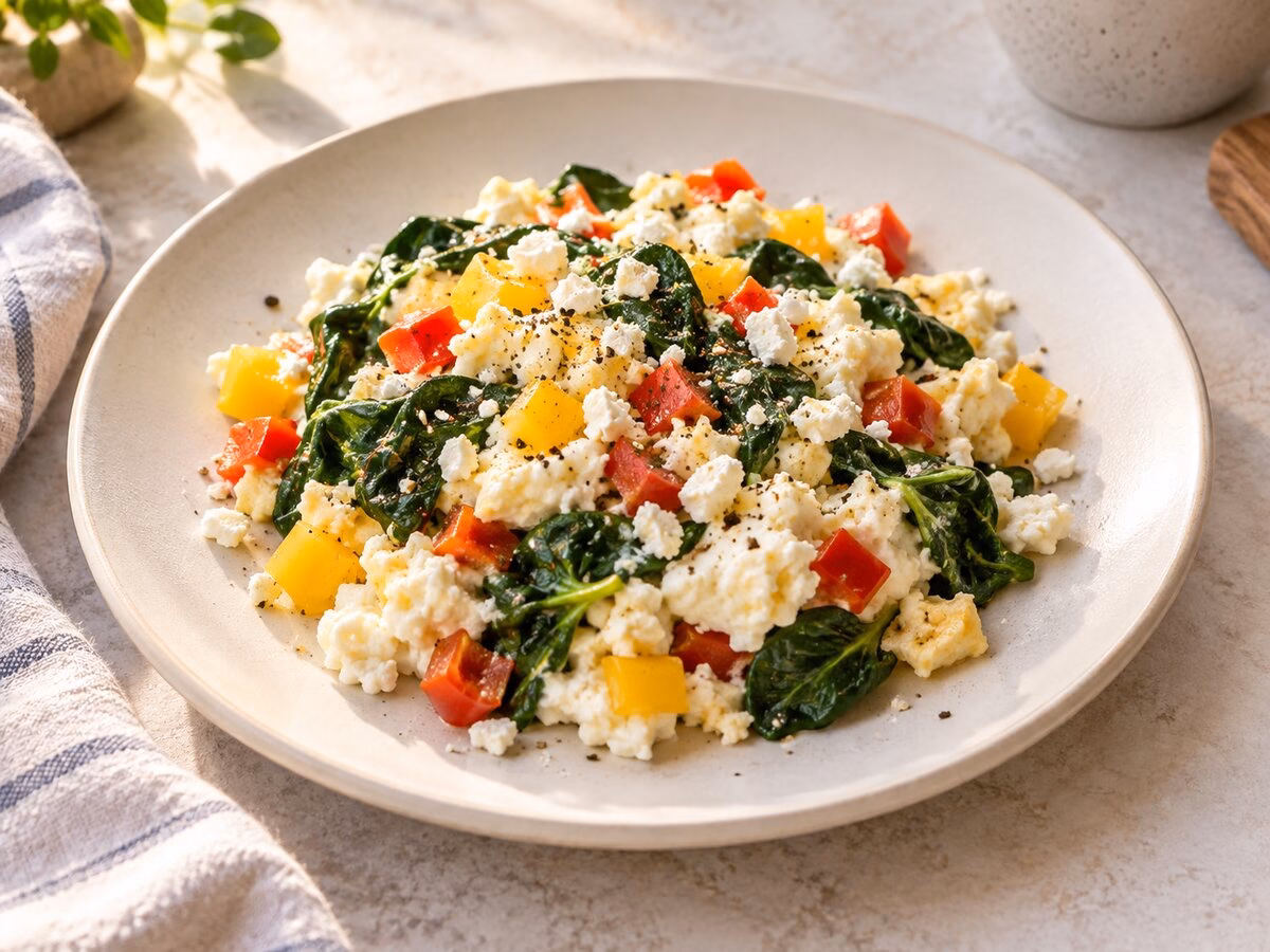 Egg white scramble with spinach, bell peppers, cherry tomatoes, and crumbled feta.