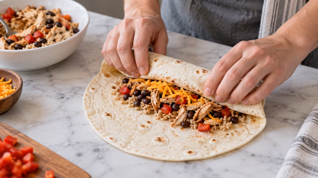 Hands rolling a chicken and black bean meal prep burrito