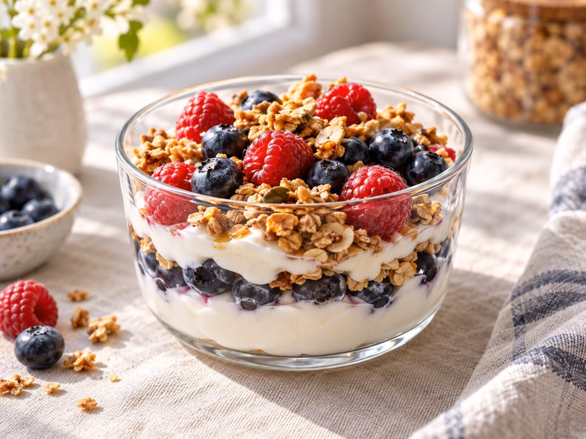 Greek yogurt parfait with blueberries, raspberries, granola, and a drizzle of honey.