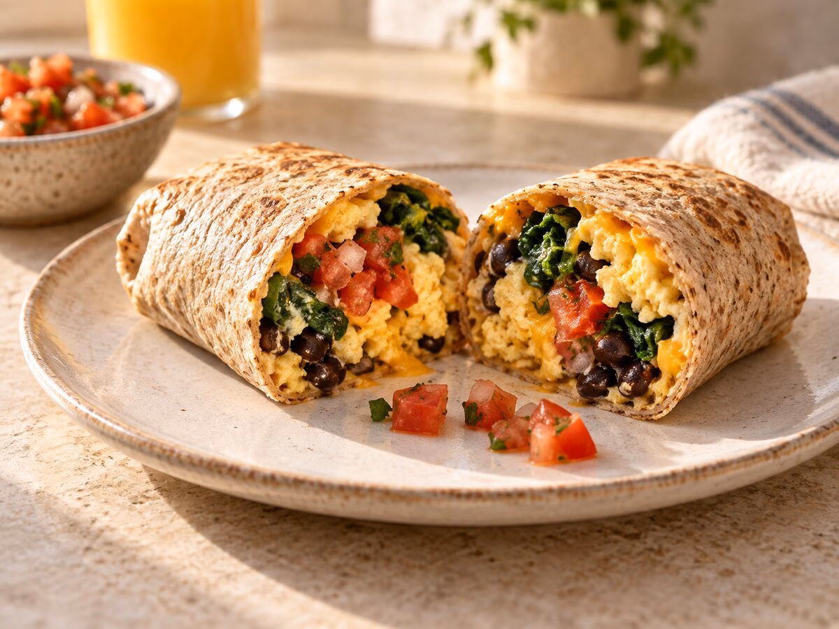 High-protein breakfast burrito filled with eggs, black beans, spinach, and avocado.