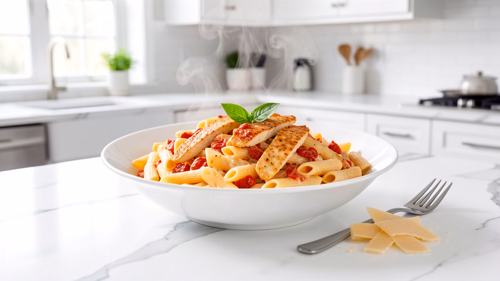 Marry me chicken pasta with golden seared chicken and penne in creamy sun-dried tomato parmesan sauce