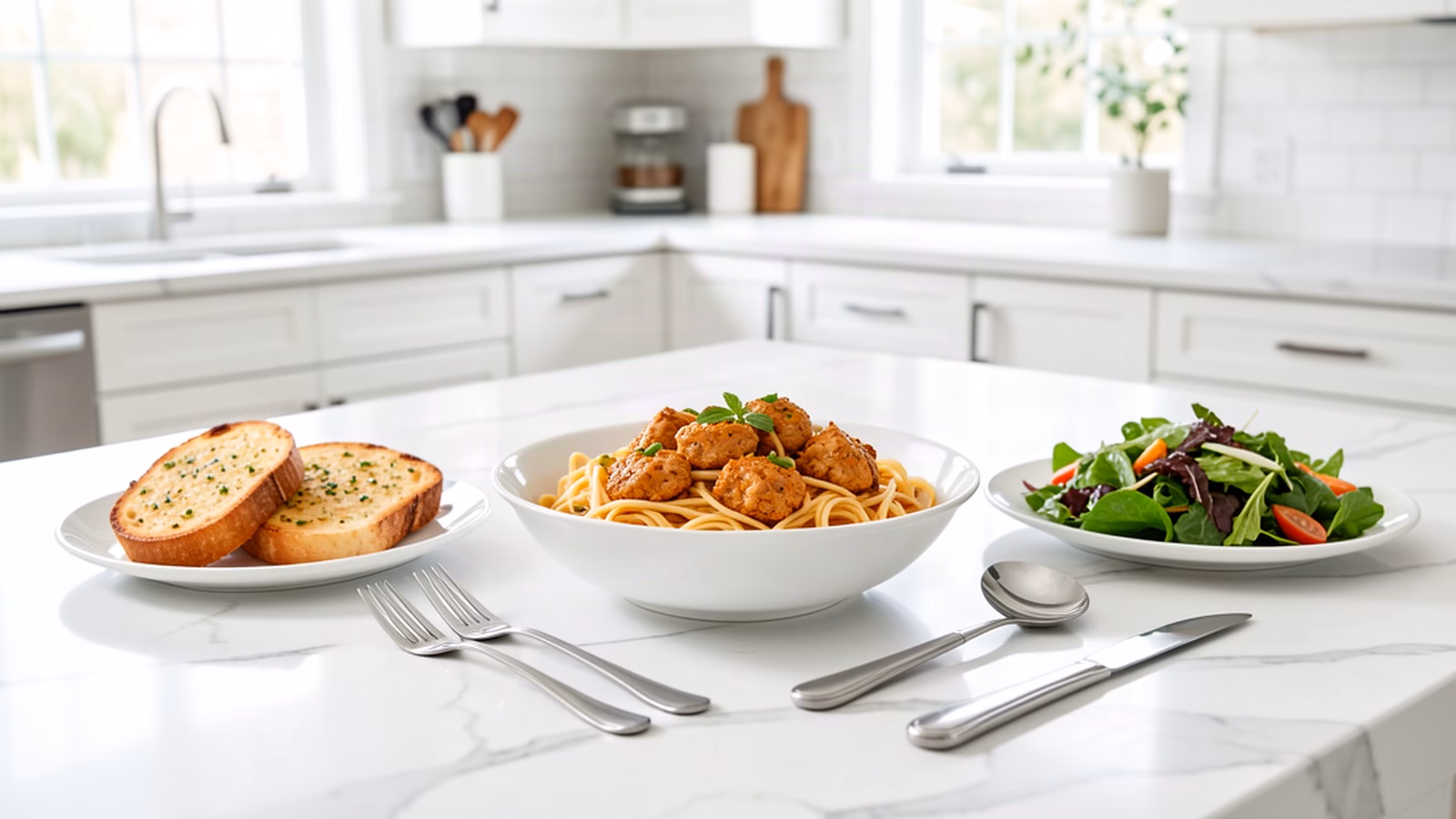 Marry me chicken pasta served with garlic bread and green salad for a complete dinner