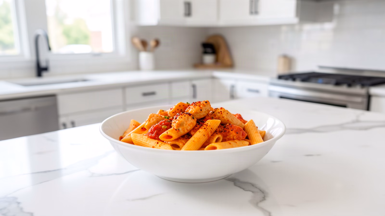 Spicy marry me chicken pasta variation with red pepper flakes and chili oil drizzle