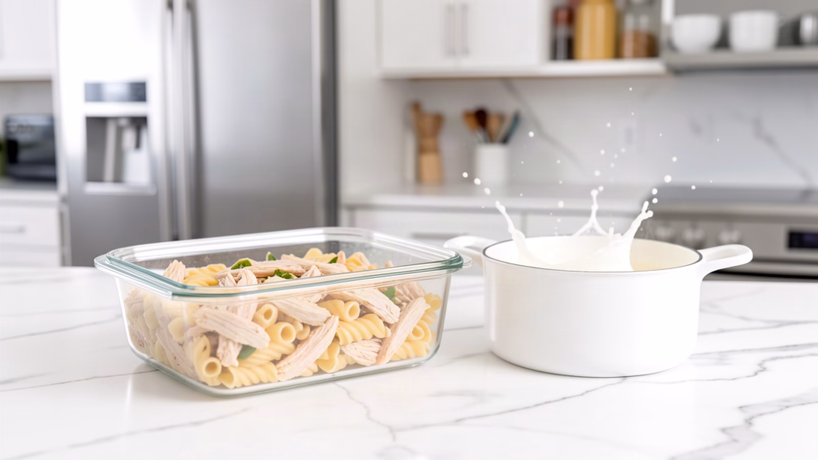 Leftover marry me chicken pasta in a clear glass airtight container ready for refrigerating