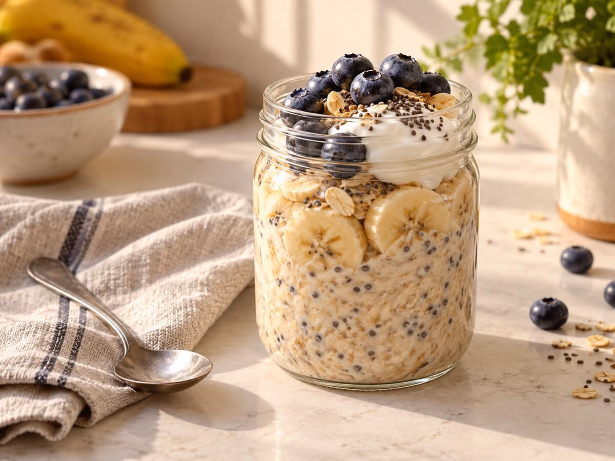 Protein overnight oats topped with banana, chia seeds, and fresh blueberries.