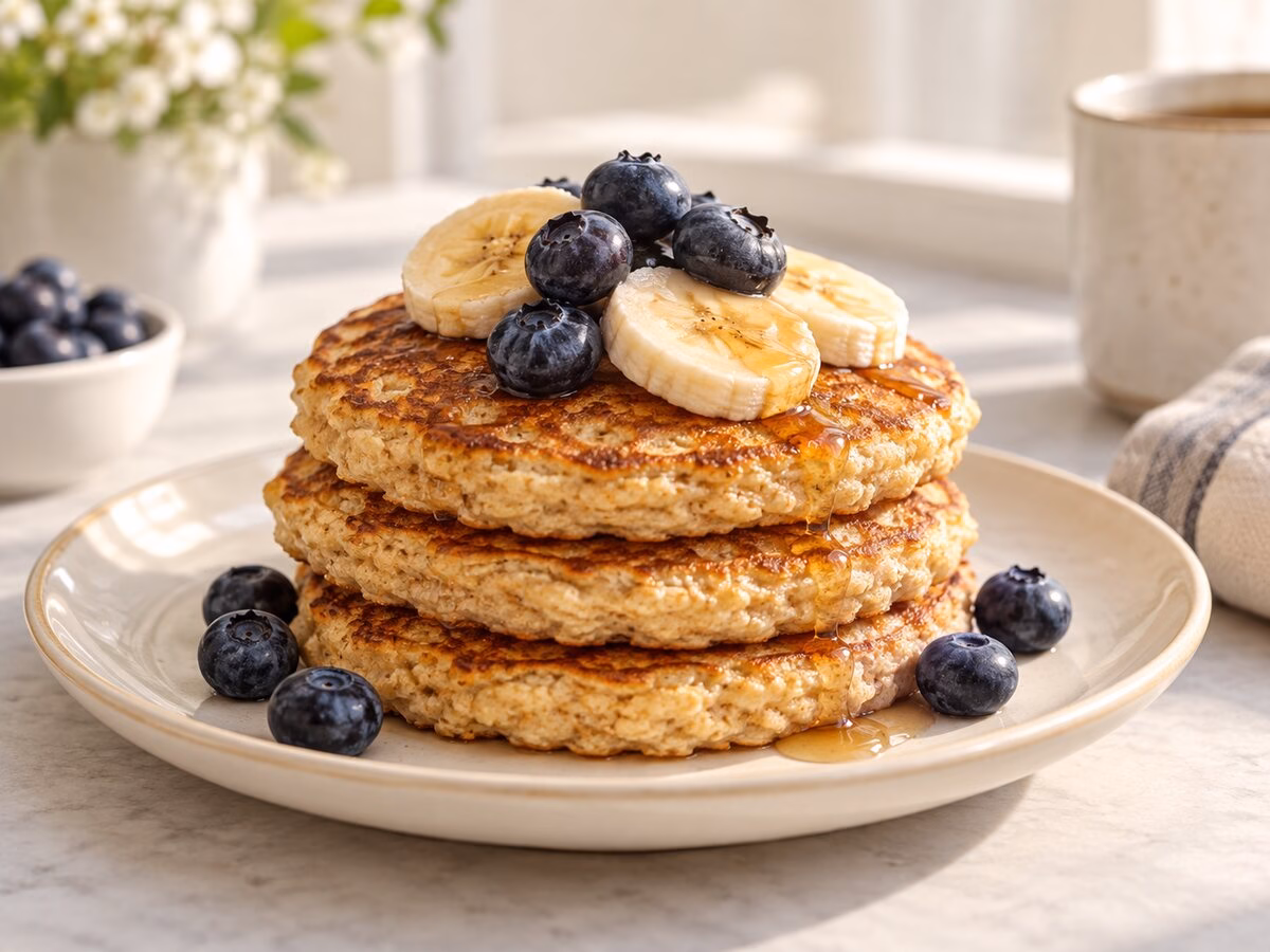 Fluffy protein pancakes topped with sliced banana and fresh blueberries.