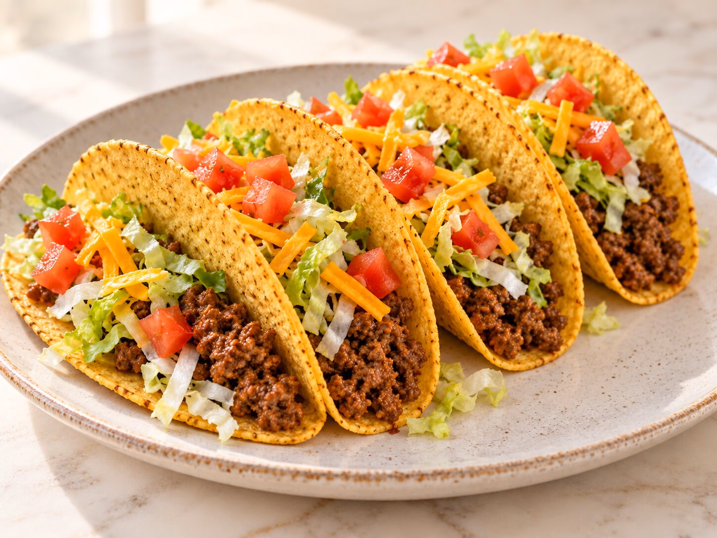 Crispy ground beef tacos filled with seasoned beef, lettuce, tomato, and cheese on a pale marble counter