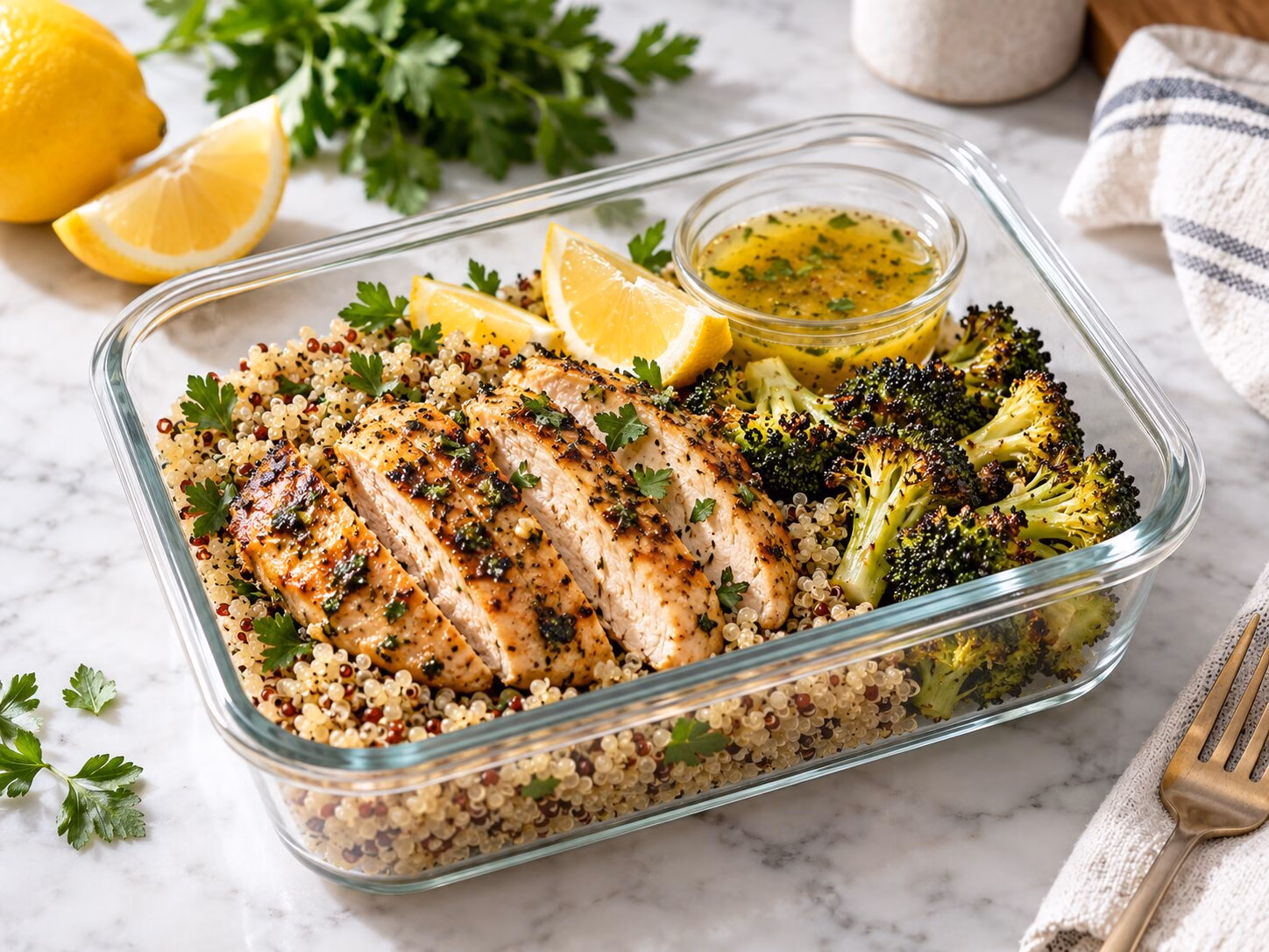 Lemon herb chicken bowl with grilled chicken, quinoa, roasted broccoli, lemon, and parsley