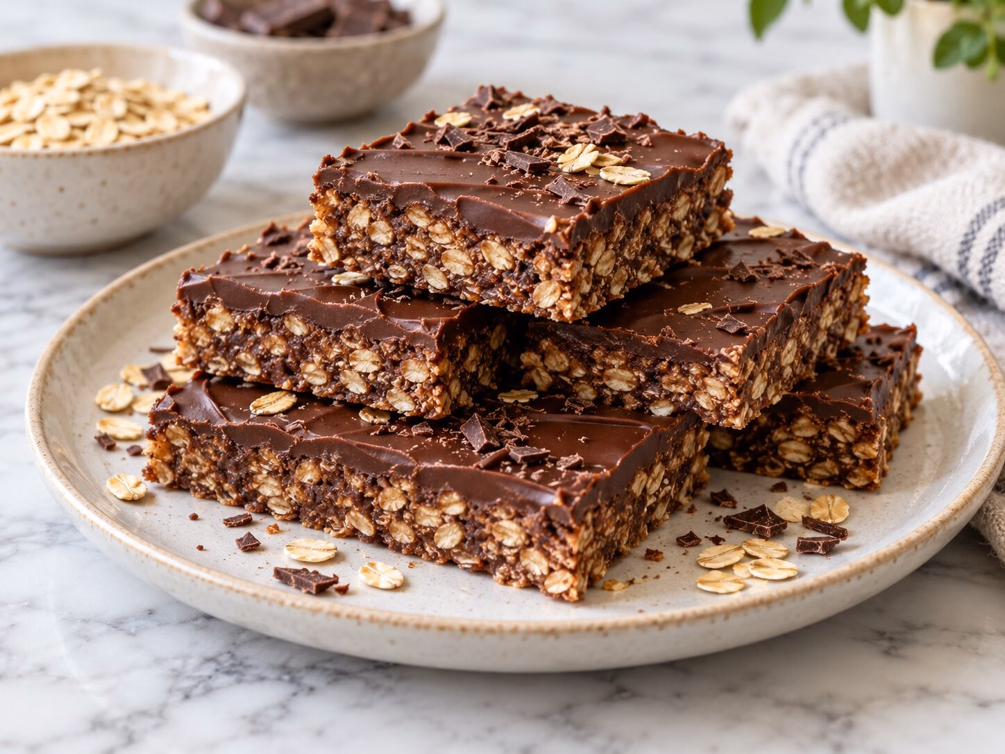 No-bake chocolate oat bars with rolled oats and a smooth chocolate top