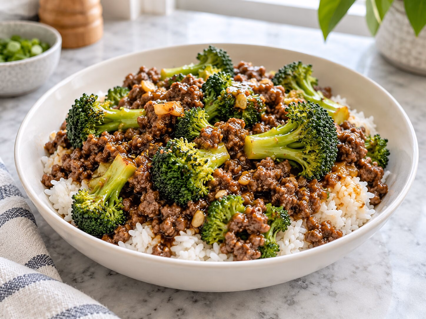 Ground beef and broccoli stir-fry coated in a glossy garlic ginger sauce over rice