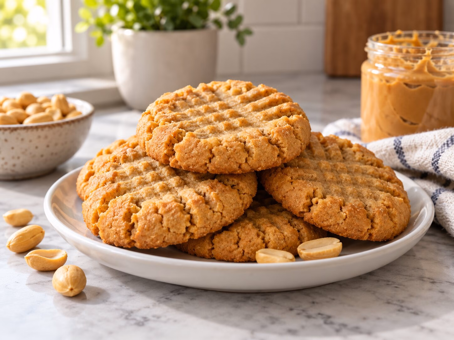 Three-ingredient peanut butter cookies with golden edges and fork-marked tops