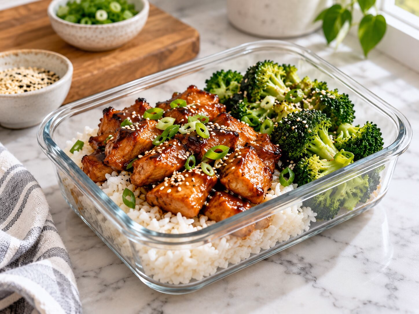 Teriyaki chicken rice bowl with jasmine rice, sesame broccoli, and scallions