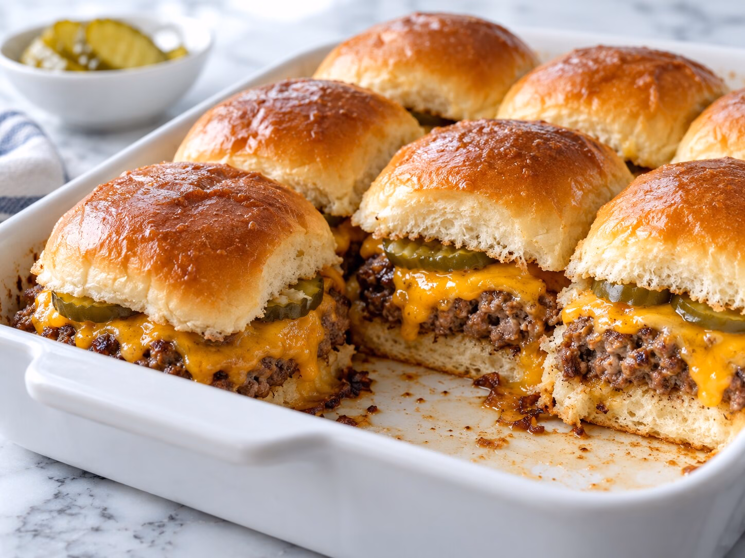 Cheeseburger sliders with ground beef patties, melted cheddar, and pickles on soft rolls