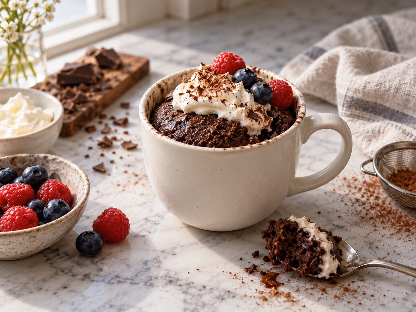 Warm chocolate mug cake topped with whipped cream and fresh berries