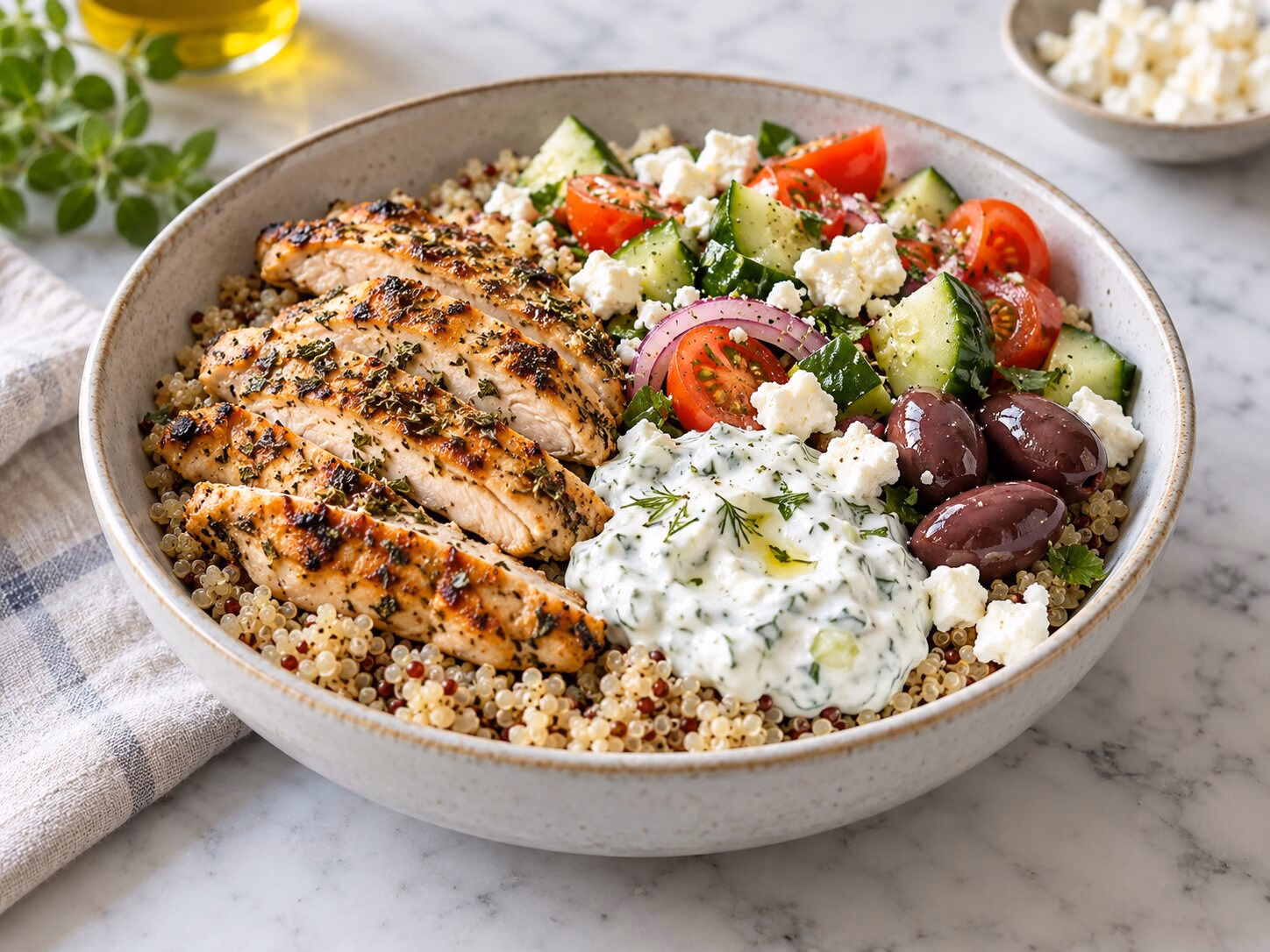 Greek chicken bowl with quinoa, cucumber, tomato, olives, feta, and tzatziki