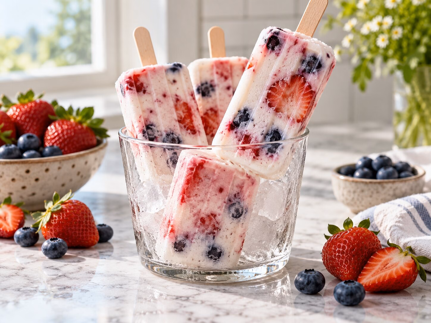 Creamy berry yogurt popsicles with visible strawberry and blueberry pieces