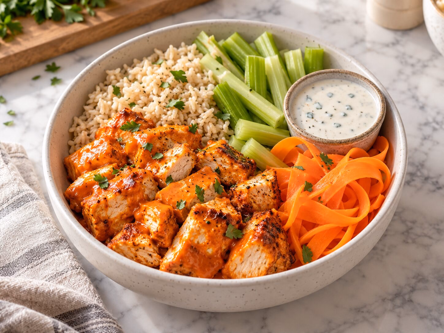 Buffalo chicken bowl with brown rice, celery, carrots, and ranch dressing