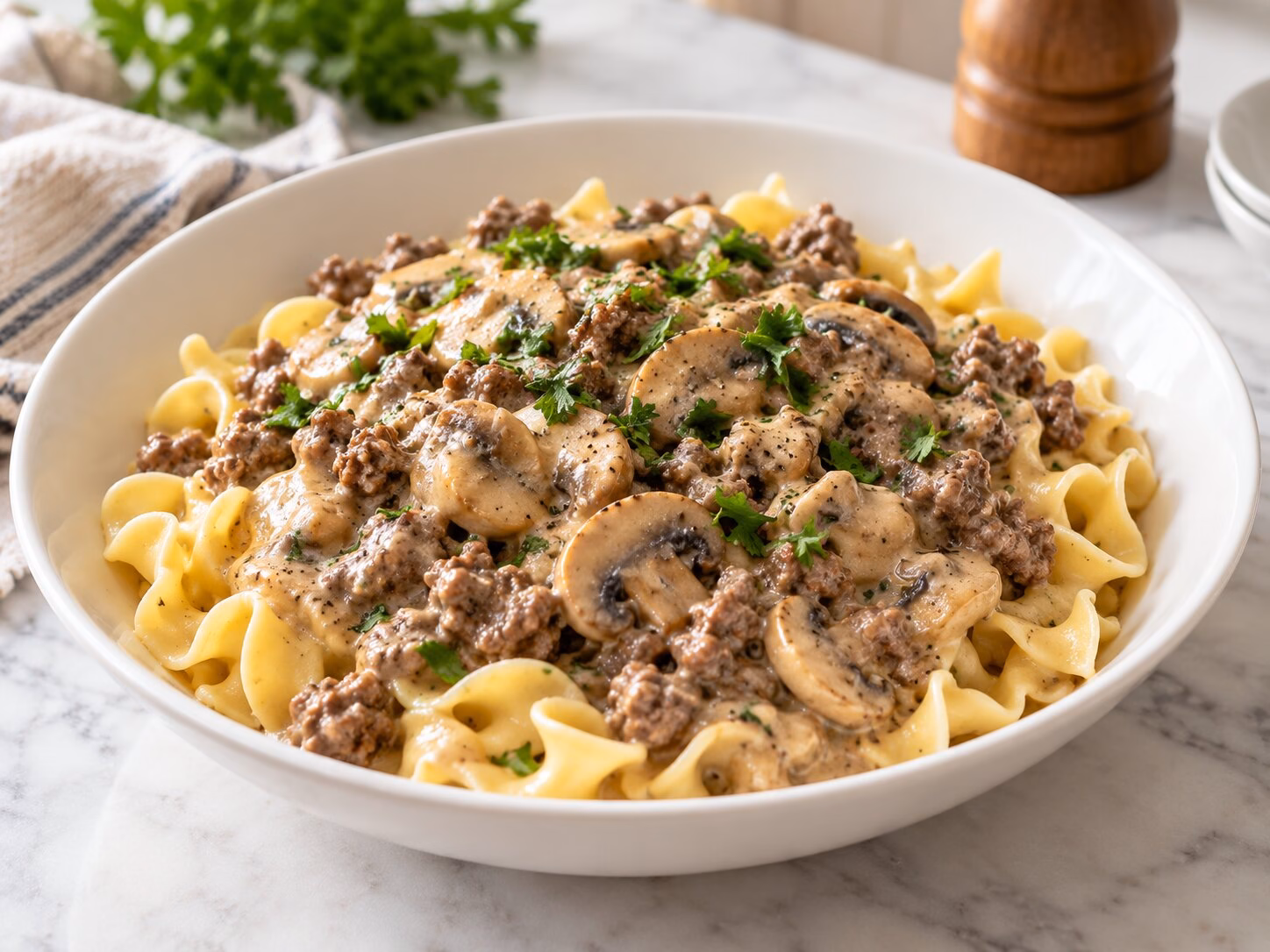 Creamy ground beef stroganoff with mushrooms and egg noodles in a white bowl