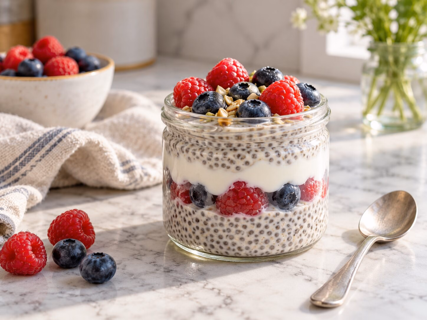Chia seed pudding topped with raspberries and blueberries in a glass jar