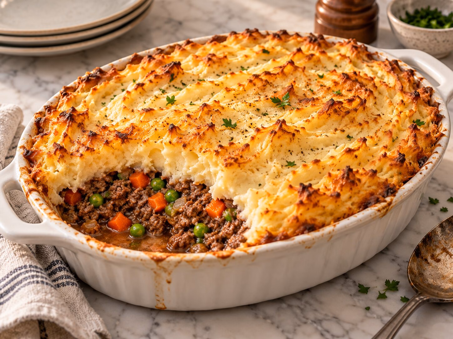 Ground beef shepherd’s pie topped with browned mashed potatoes and vegetables