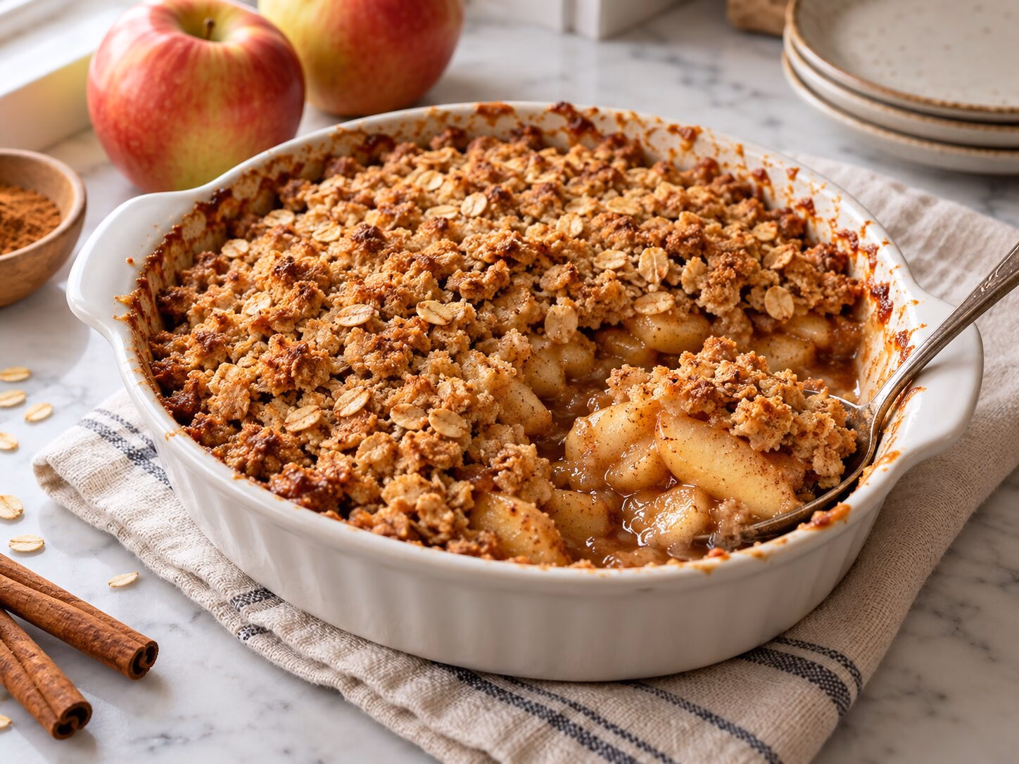 Apple cinnamon crisp with tender fruit and a golden oat crumble topping