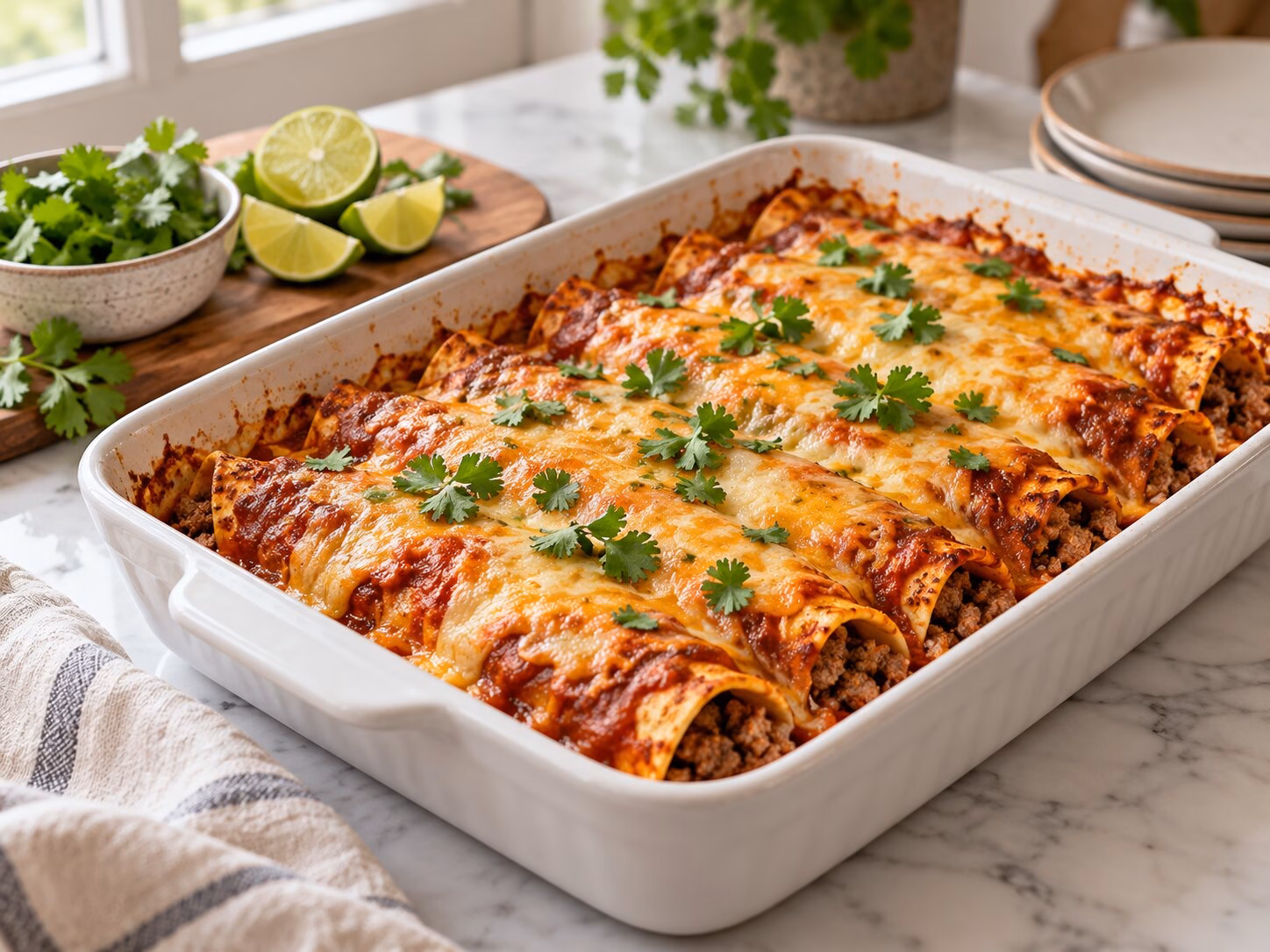 Ground beef enchiladas baked with red sauce and melted cheese in a white casserole dish