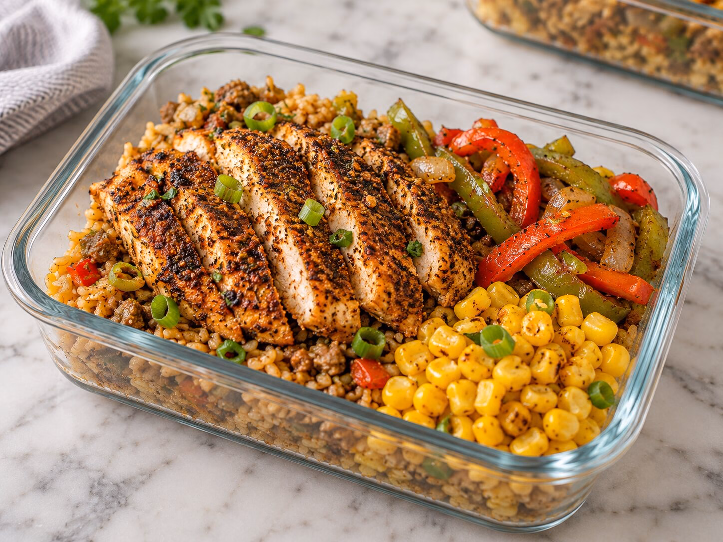 Cajun chicken bowl with blackened chicken, dirty rice, bell peppers, and corn