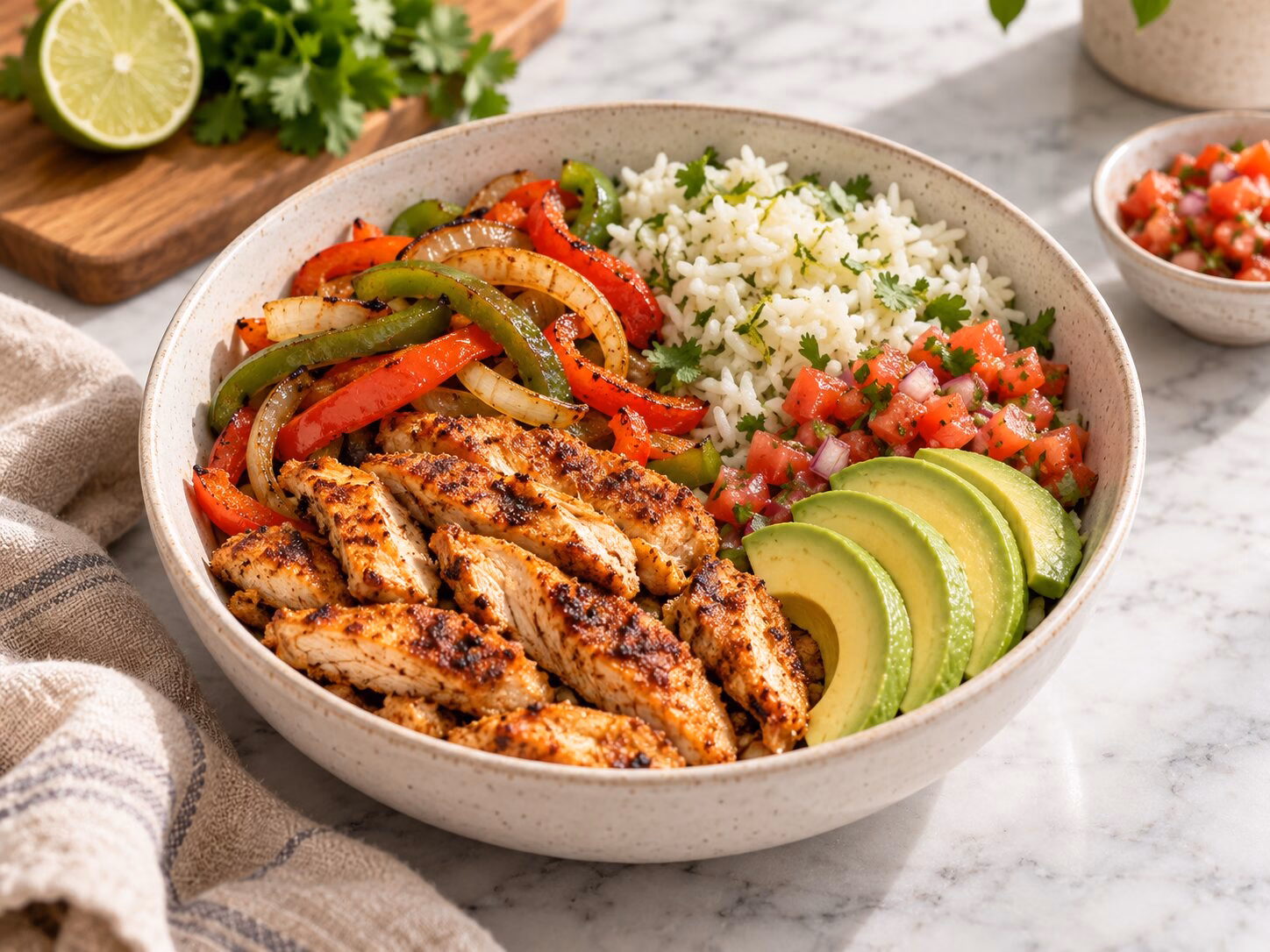 Chicken fajita bowl with peppers, cilantro-lime rice, salsa, and avocado