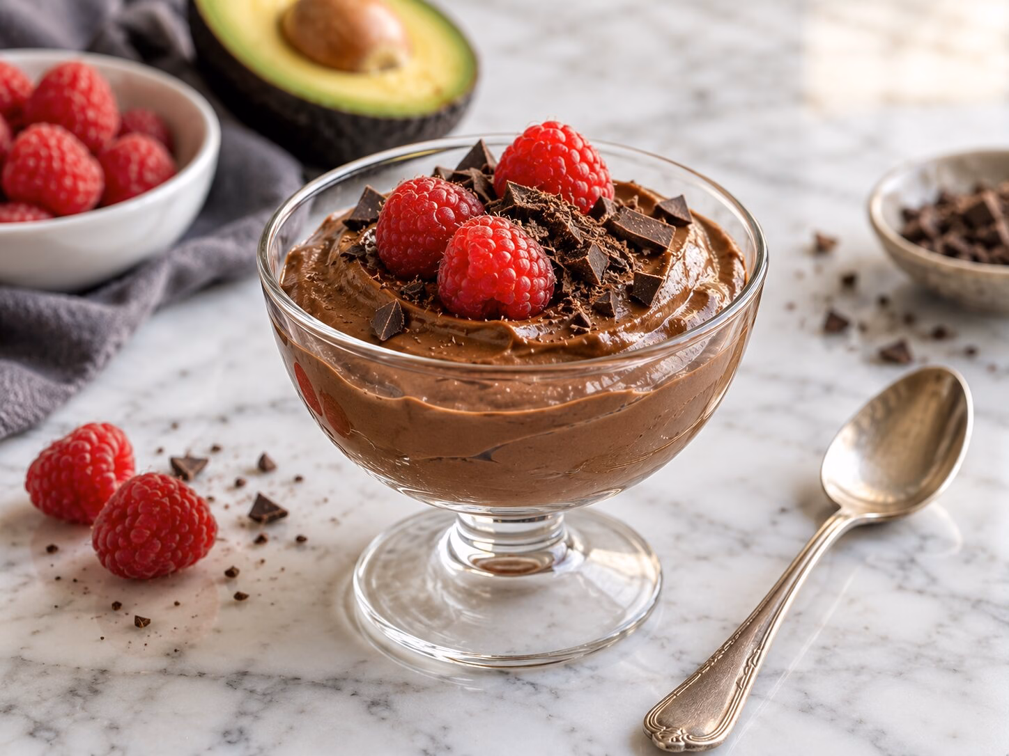 Smooth chocolate avocado mousse served with raspberries and dark chocolate shavings