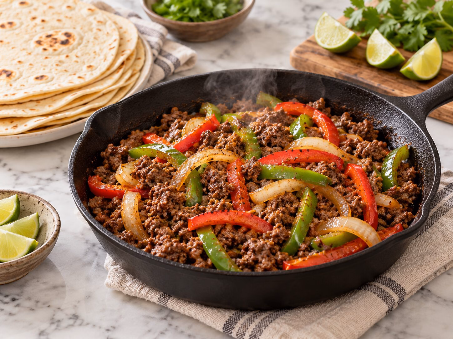 Ground beef fajitas with red and green peppers and onions in a cast-iron skillet