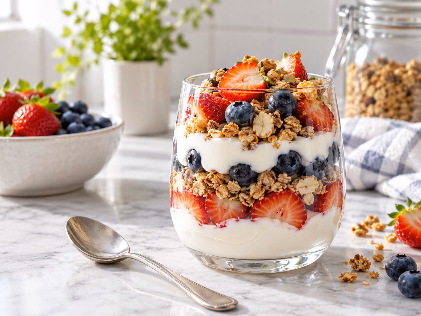 Layered fruit and yogurt parfait with strawberries, blueberries, and granola