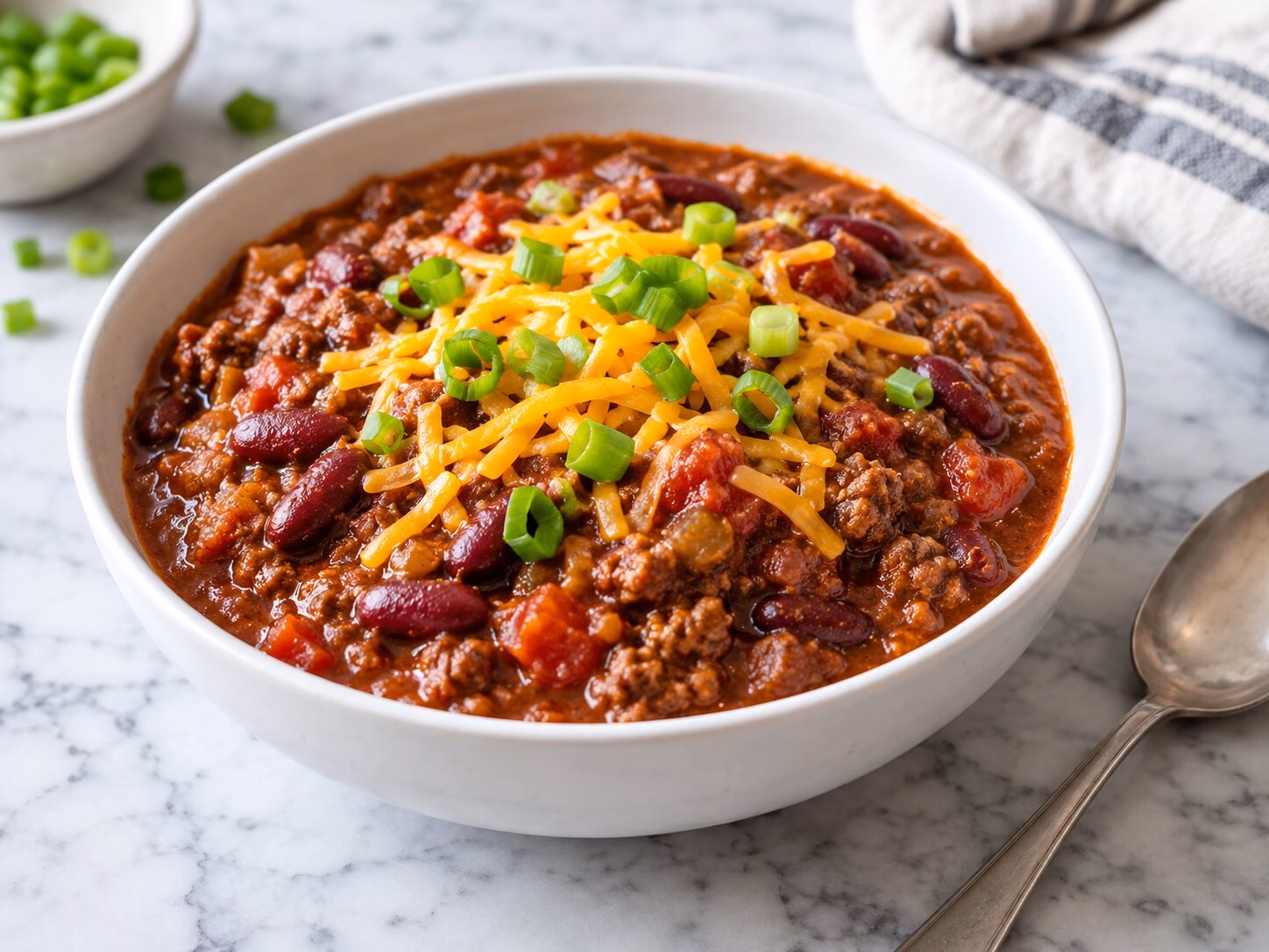 Thick ground beef chili with kidney beans, tomatoes, and green onions in a white bowl