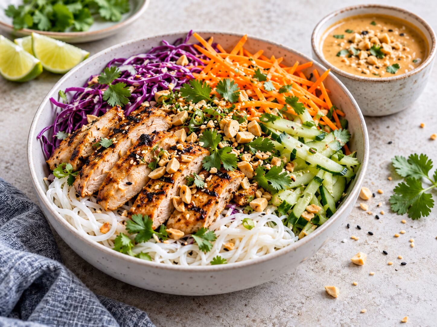 Peanut chicken noodle bowl with rice noodles, cabbage, carrots, and peanut-lime sauce