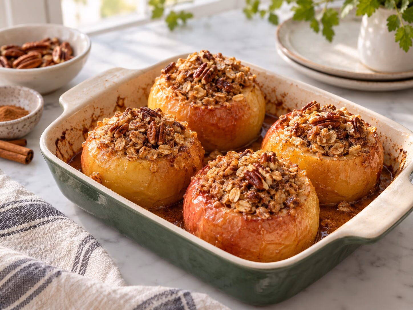 Cinnamon baked apples filled with oats and pecans in a small baking dish